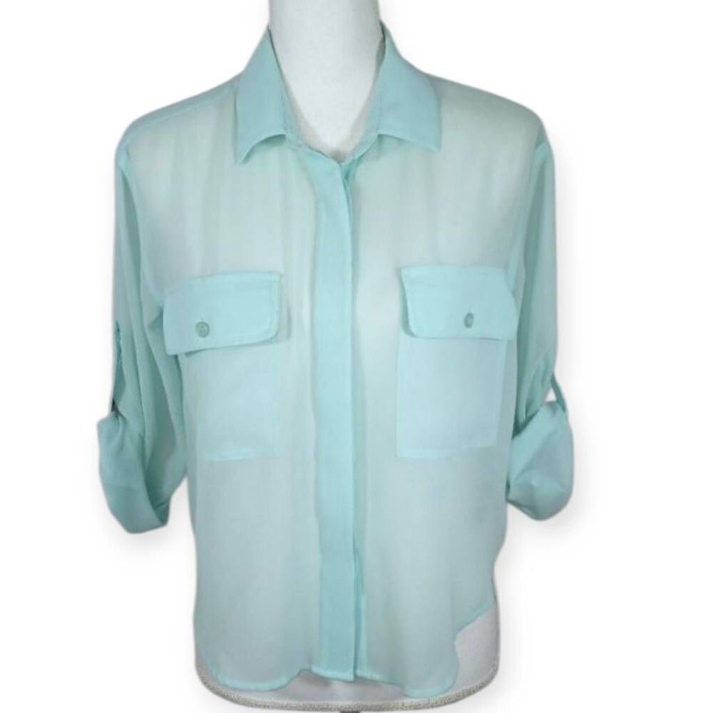 LMK CROP SHEER MINT COLLARD BLOUSE SZ.S EUC